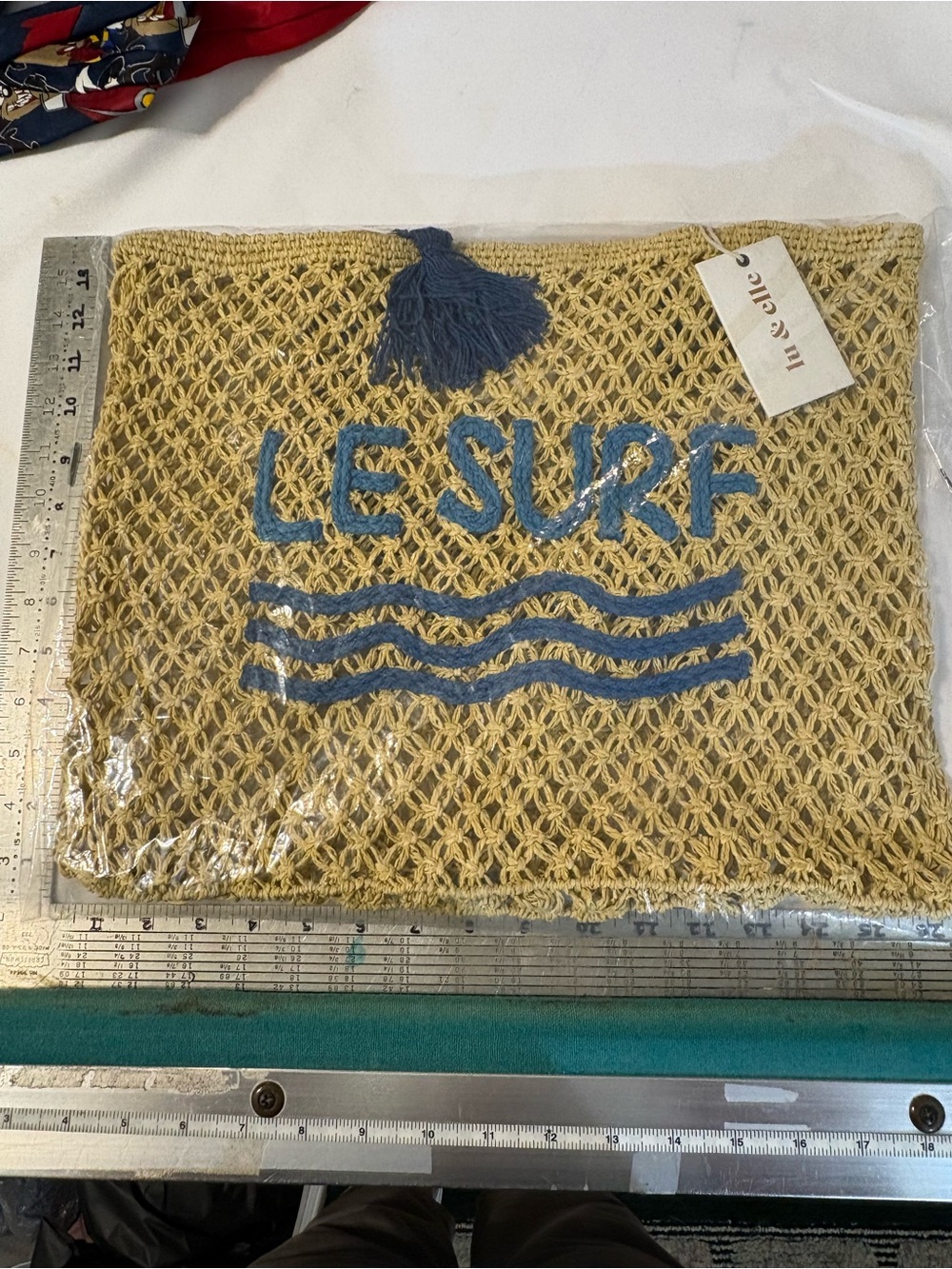 Lu & Elle Le Surf Woven Beach Tote tan macramé design bold blue LE SURF wave NWT